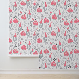 Pink & Grey Whimsical Floral Pattern Wallpaper