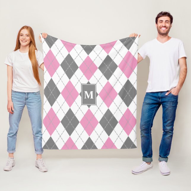 pink grey white argyle plaid monogrammed fleece blanket (In Situ)