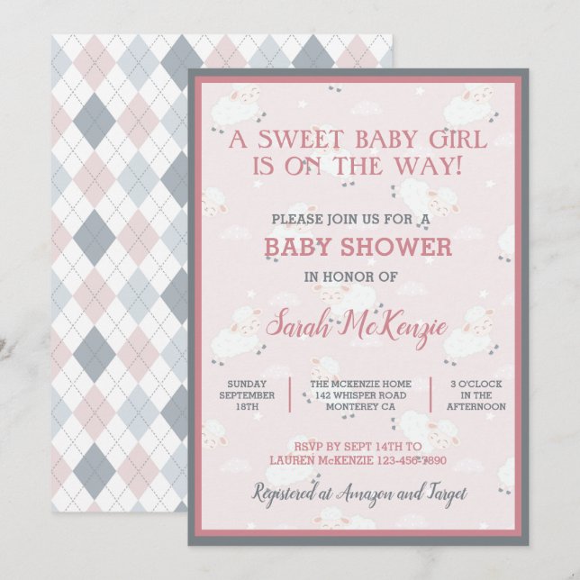 Pink Grey White Baby Lambs Leaping Baby Shower Invitation (Front/Back)