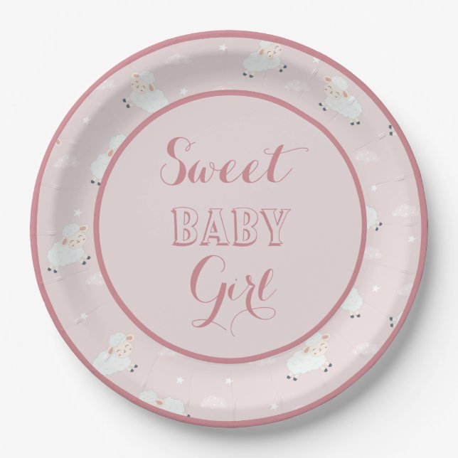 Pink Grey White Baby Lambs  Paper Plate (Front)