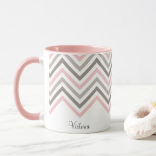 Pink Grey White Chevron Pattern Personalised Mug