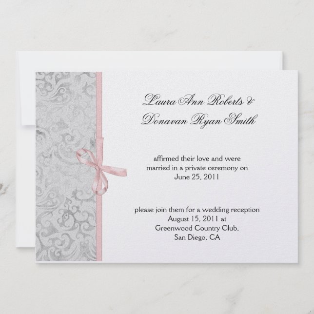 Pink Grey White Damask Post Wedding Invitation (Front)