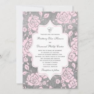 Pink Grey White Floral Damask Wedding Invitation