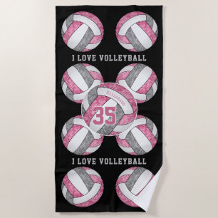 pink grey white girls love volleyball personalised beach towel