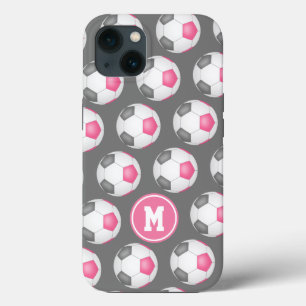 pink grey white girly sports soccer balls pattern iPhone 13 case