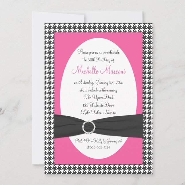 Pink, Grey, White Houndstooth 30th Birthday Invite (Front)