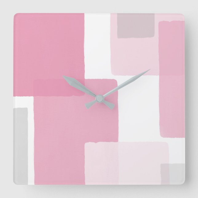 Pink Grey White Modern Minimalist Square Wall Clock (Front)