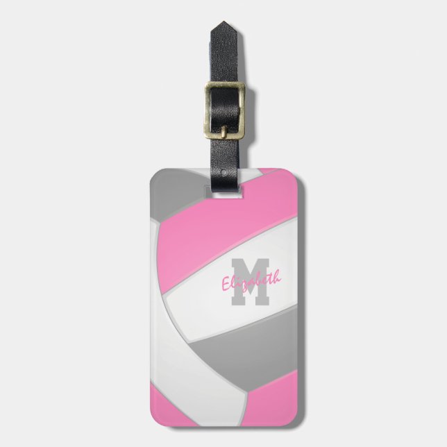 Pink grey white monogrammed volleyball luggage tag (Front Vertical)
