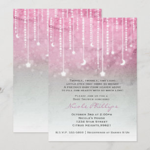 Pink Grey White Moon & Stars Celestial Baby Shower Invitation