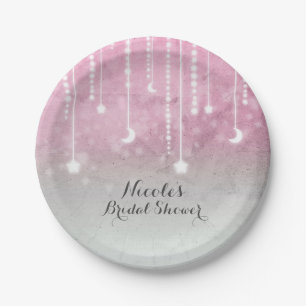 Pink Grey White Moon & Stars Celestial Baby Shower Paper Plate