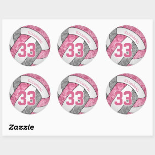 pink grey white personalised girls volleyball classic round sticker