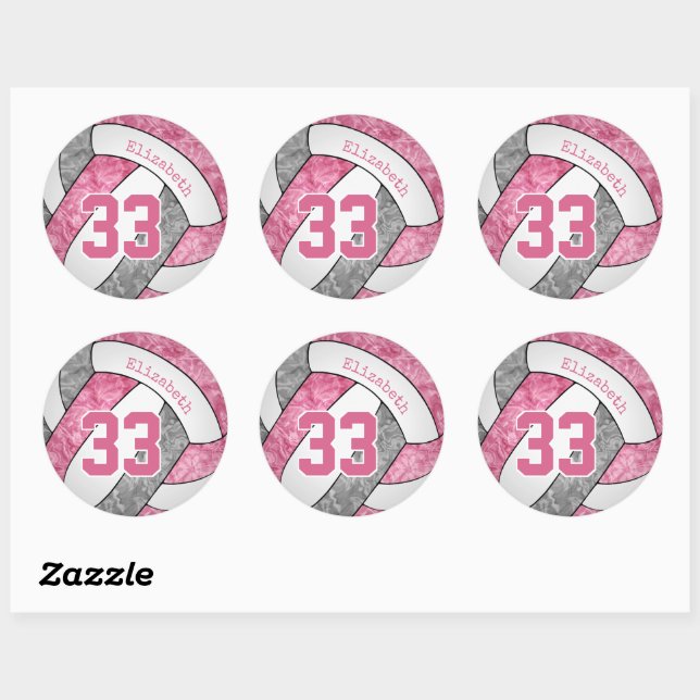 pink grey white personalised girls volleyball classic round sticker (Sheet)