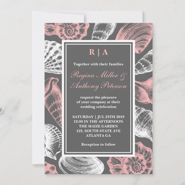 Pink Grey White Seashells Beach Wedding Invitation (Front)