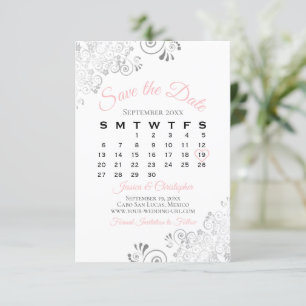 Pink Grey & White Simple Elegant Wedding Calendar Save The Date