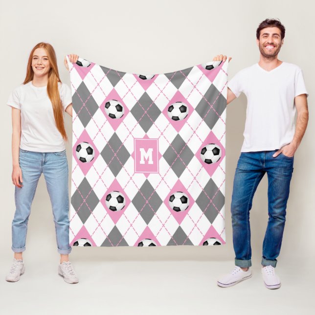 pink grey white soccer argyle pattern fleece blanket (In Situ)
