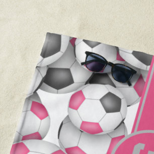 Pink grey white soccer balls pattern custom girls beach towel