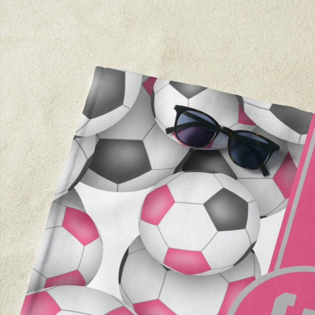 Pink grey white soccer balls pattern custom girls beach towel (In Situ)