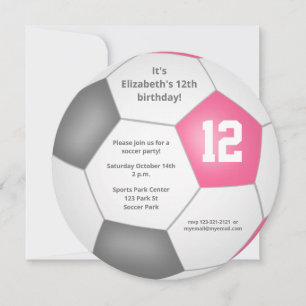 pink grey white soccer themed birthday party announcement