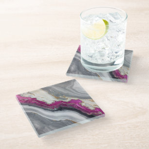 Pink, Grey White Stone Marble Printed Glass Coaster