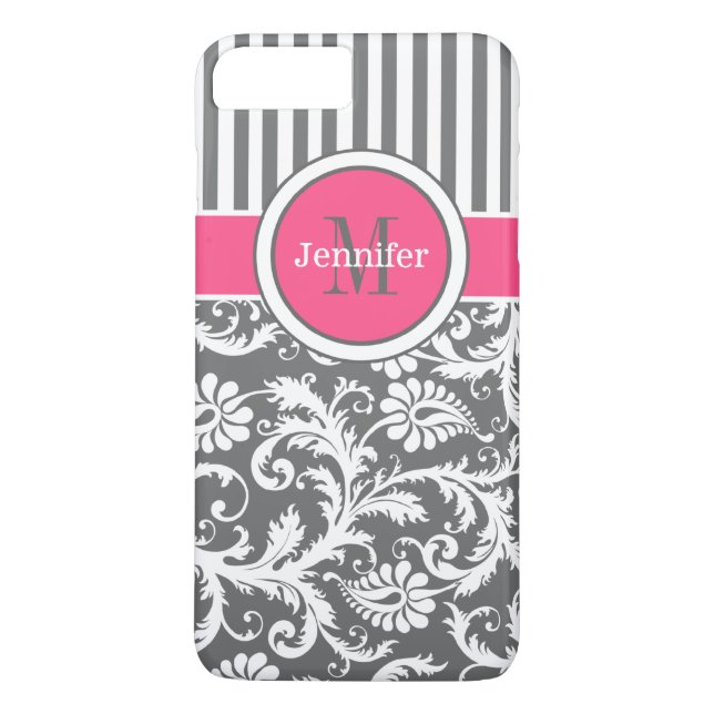 Pink, Grey, White Striped, Damask iPhone 7 Case (Back)