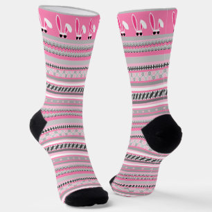Pink, Grey & White Stripes with White Easter Bunny Socks