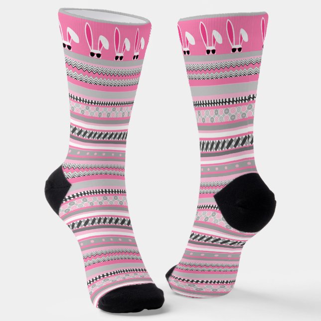 Pink, Grey & White Stripes with White Easter Bunny Socks (Angled)