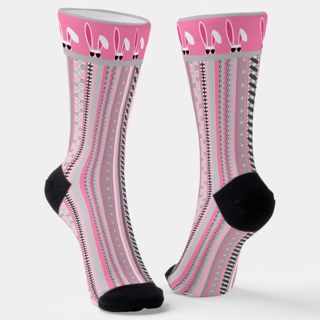 Pink, Grey & White Stripes with White Easter Bunny Socks (Angled)