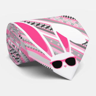 Pink, Grey & White Stripes with White Easter Bunny Tie