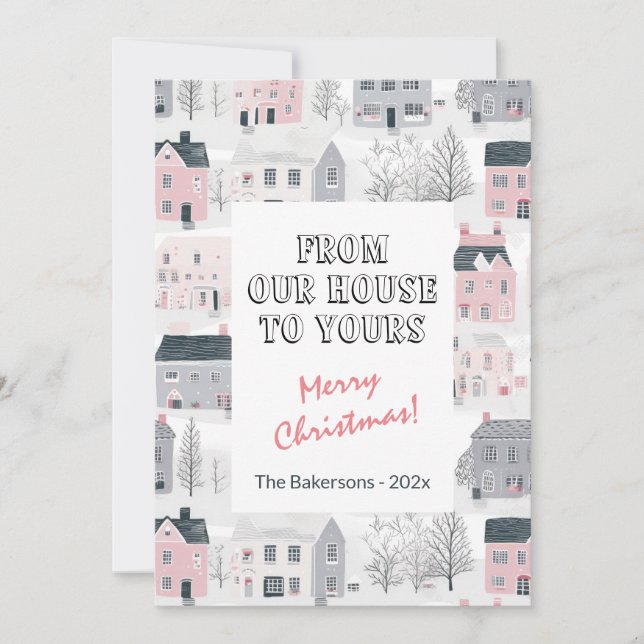 Pink Grey White Vintage Houses Christmas Card  (Front)