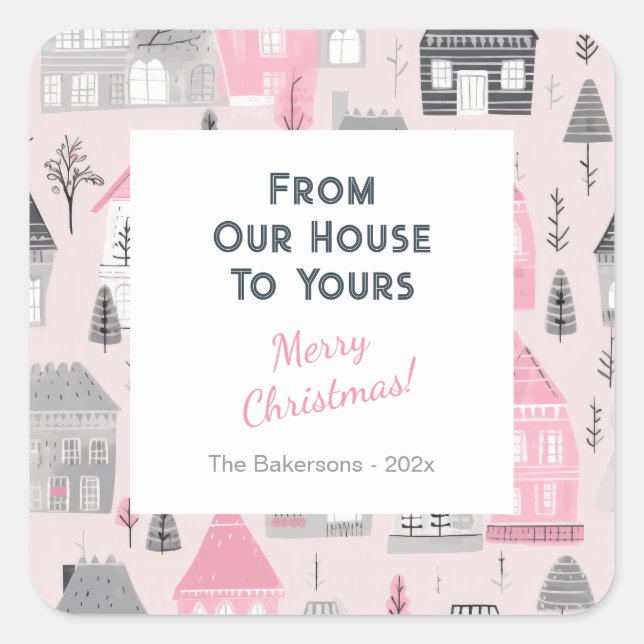 Pink Grey White Vintage Houses Square Sticker (Front)