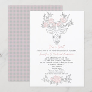 Pink Grey Woodland Girl Deer Baby Shower By Mail Invitation