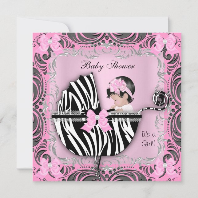 Pink Grey Zebra Baby Shower Cute Baby Girl Invitation (Front)