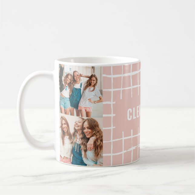 Pink grid 4 photo modern minimal simple coffee mug (Left)
