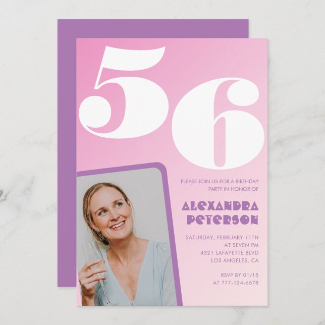 Pink Groovy 56th birthday invitations Retro Photo (Front/Back)