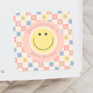 Pink Groovy Boho Retro Kids Bookplate Square Sticker