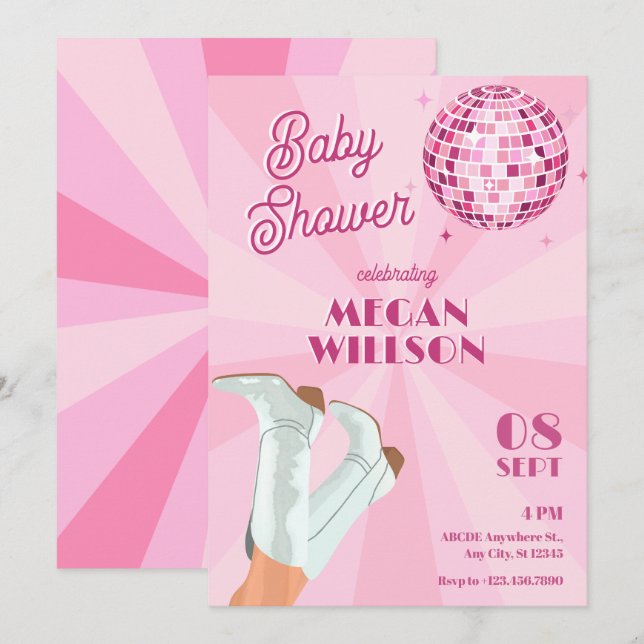 Pink groovy boots disco ball baby shower invitation (Front/Back)
