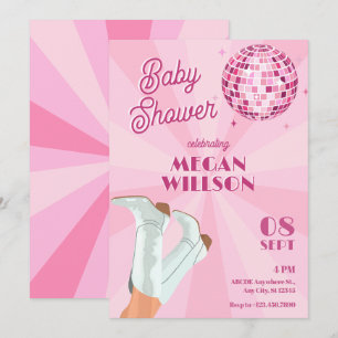 Pink groovy boots disco ball baby shower invitation