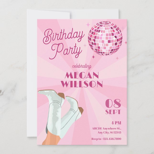 Pink groovy boots disco ball birthday invitation (Front)