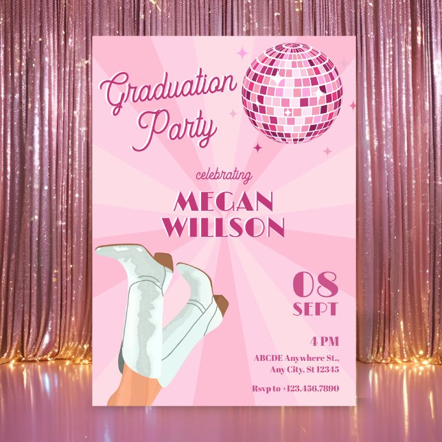 Pink groovy boots disco ball graduation party invitation (Creator Uploaded)