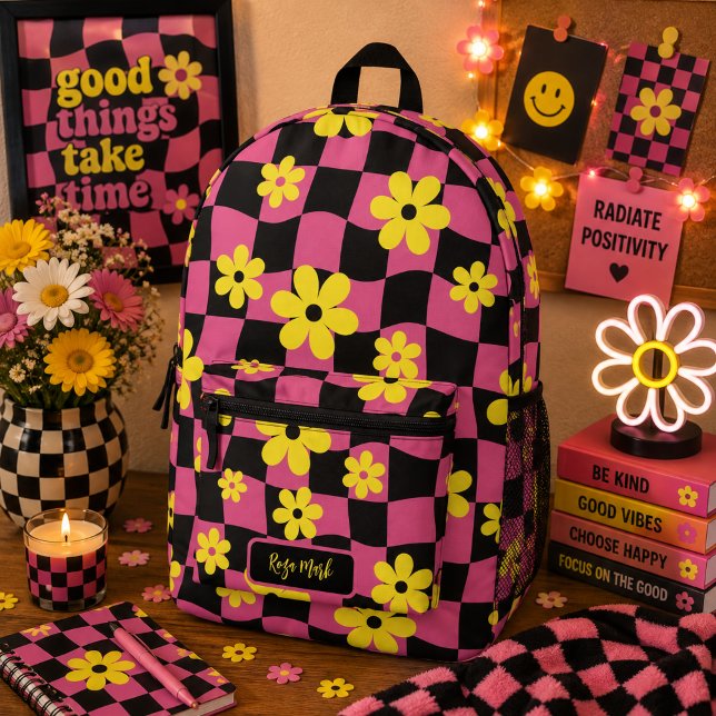 Pink Groovy Daisy Floral Chequerboard Printed Backpack (Creator Uploaded)