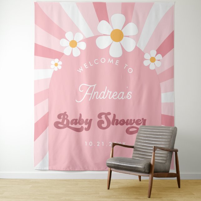 Pink Groovy Daisy Retro 70s Baby Shower Backdrop   Tapestry (In Situ)