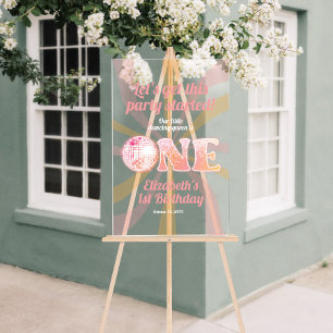 Pink Groovy Dancing Queen 1st Birthday Welcome Acrylic Sign