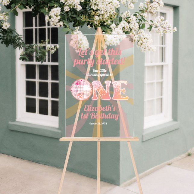 Pink Groovy Dancing Queen 1st Birthday Welcome Acrylic Sign (Pink Groovy Dancing Queen 1st Birthday Welcome Acrylic Sign)