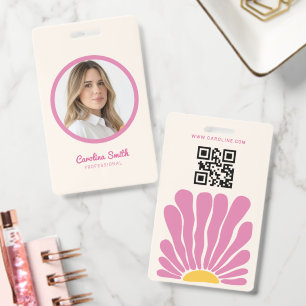 pink Groovy flower retro boho business ID Badge