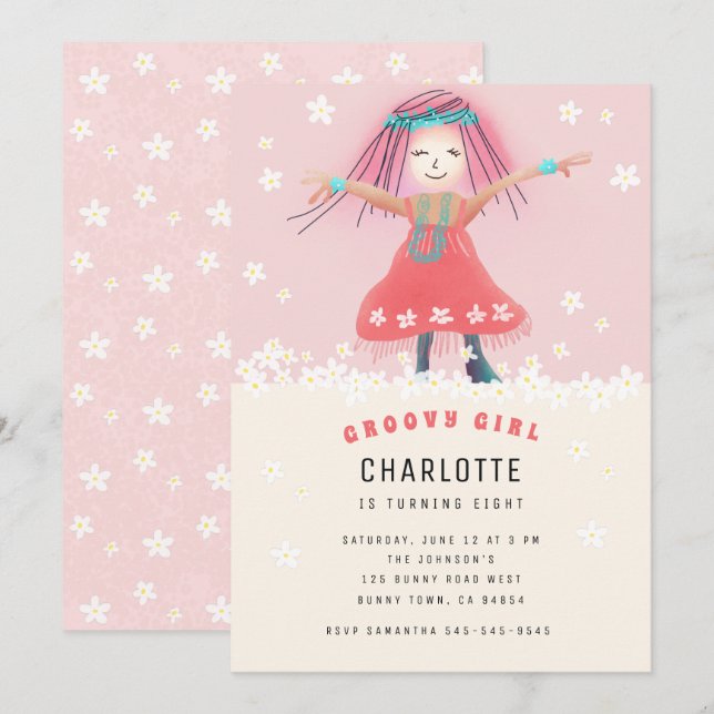 Pink Groovy Girl Boho Cute Floral Birthday Party Invitation (Front/Back)