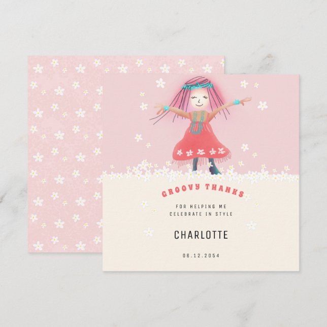 Pink Groovy Girl Boho Cute Floral Birthday Party Thank You Card (Front/Back)