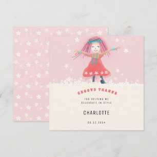 Pink Groovy Girl Boho Cute Floral Birthday Party Thank You Card