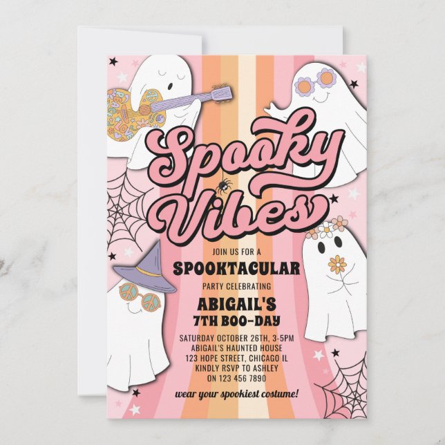 Pink Groovy Halloween Spooky Vibes Girl Birthday Invitation (Front)