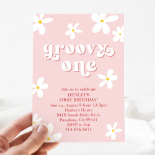 Pink Groovy One First Birthday Retro Daisy Invitation