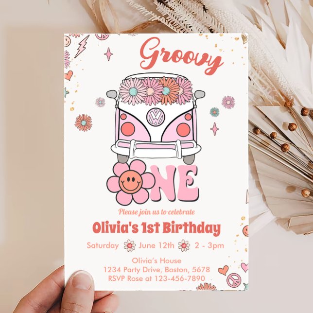 Pink Groovy One Retro 1st Birthday Invitation (Creator Uploaded)